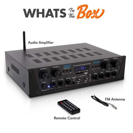 Pyle PTA44BT karaoke Bluetooth võimendi, juhtmevaba, 4-kanaliga stereoheli kodukino kõlar, helivõimendi vastuvõtja AUX-sisendiga, FM, RCA subwoofer, kõlar, väljund, USB, mikrofoni sisend