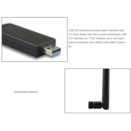 Yunseity USB WiFi adapter, RTL8812AU traadita võrgu adapter, 1200M USB 3.0 WiFi adapter kahesagedusliku 2,42 GHz/300 Mbps 5 GHz/866 Mbps suure võimendusega antenniga Androidile, Linuxile, Windows XP-le, 7-le,