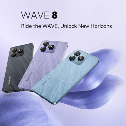 Blackview Wave 8 4G Android 14 nutitelefon ilma lepinguta, 12 GB + 128 GB (2 TB väline SD-kaart), 6,56-tolline HD+ ekraan (silmadele mugav režiim), 13 MP + 8 MP, kahe SIM-kaardiga mobiiltelefon, Smart-K Box kõlar, GPS, lilla