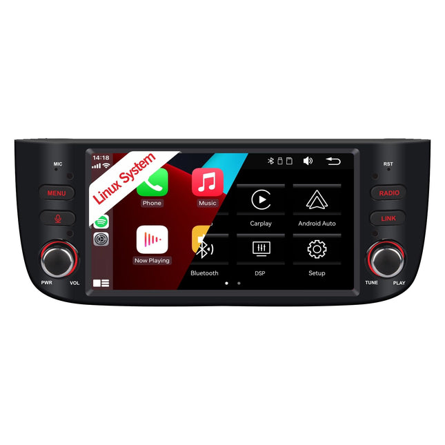 Autoraadio FIAT Linea Punto Evo 2012-2017 juhtmevaba CarPlay ja Android Auto stereoga Linea 2012-2015 puutetundliku ekraaniga IPS/Bluetooth/peegliühendus/FM/AM/USB