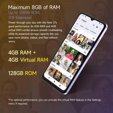 Ulefone Note 21 Android 14 nutitelefon ilma lepinguta, 8 GB RAM + 128 GB ROM, 6,56'' HD+ suur ekraan, 13MP + 8MP, kahe SIM-kaardiga mobiiltelefon, 5000mAh aku, sõrmejälje- ja näotuvastus, GPS, lilla