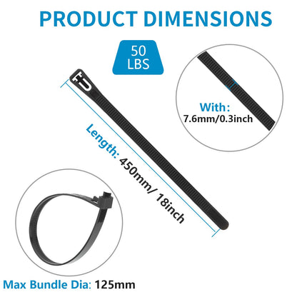 Armpow 100 Pack 7.6mm x 450mm Cable Ties Reusable UV-Resistant Strong Nylon Releasable Cable Ties with 50kg Tensile Strength (Black)