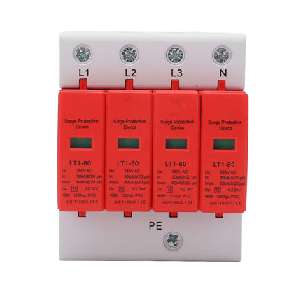 PV Surge Protector AC 385V 30-60KA 4P DIN Rail Lightning Protection Voltage Protection Arrester Protection T2 Surge Arrester for Photovoltaic Solar and Power Supply