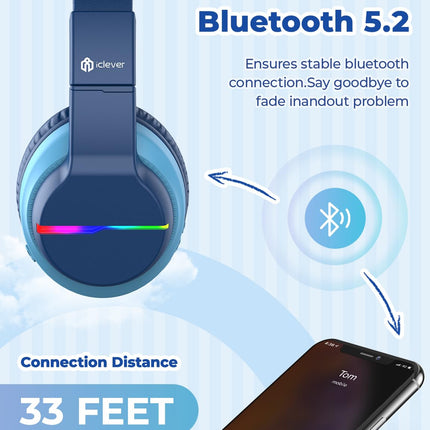iClever Bluetooth laste kõrvaklapid, värvilised LED-tuled, kõrvaklapid lastele helitugevuse piiranguga 74/85dBA, 85 tundi mänguaega, Bluetooth 5.2, sisseehitatud mikrofon BTH12