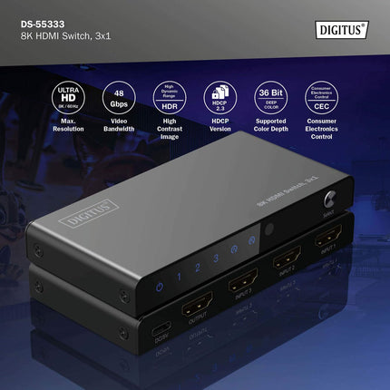 DIGITUS DS-55333 HDMI-lüliti 3x1 – 3 sisendit, 1 väljund – UHD 8K/60 Hz HDTV: 7680 × 4320p – HDCP 2.3 ja HDMI 2.1 – HDR, CEC, Deep Color, DTS, Dolby Digital, LPCM – teleri, monitori, PS5, PS4, Xboxi jaoks