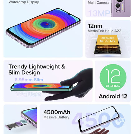 Ulefone Android 12 4G Smartphone without Contract Note 14(64GB), 3-Card Slot, Quad Core 4GB+64GB, Dual-SIM Mobile Phone, 6.52'' HD+, 8MP+13MP Camera, 4500mAh Battery, Face Unlock GPS Black