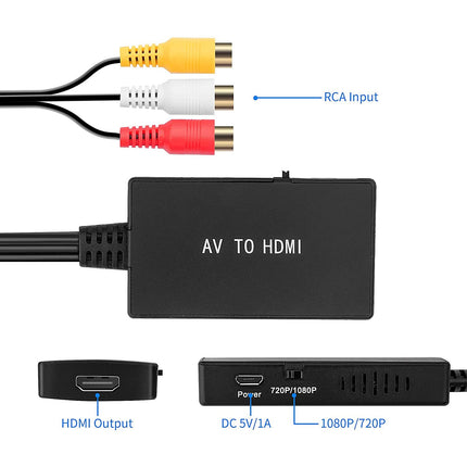 uhddadi RCA-HDMI muundur, AV-HDMI adapter, AV-komposiit CVBS video- ja helimuunduri adapter, mis toetab 1080P resolutsiooni PS2/PS3/STB/Xbox VHS/VCR/Blue-Ray DVD-mängijatele