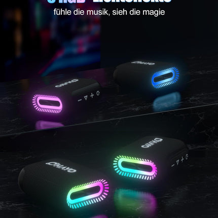 OHAYO Small Bluetooth Speaker with RGB Light, Bluetooth 5.3 Music Box with IPX7 Waterproof, 24H Battery, Stereo Pairing, Portable Mini Speaker for iPhone, Party, Garden, Black