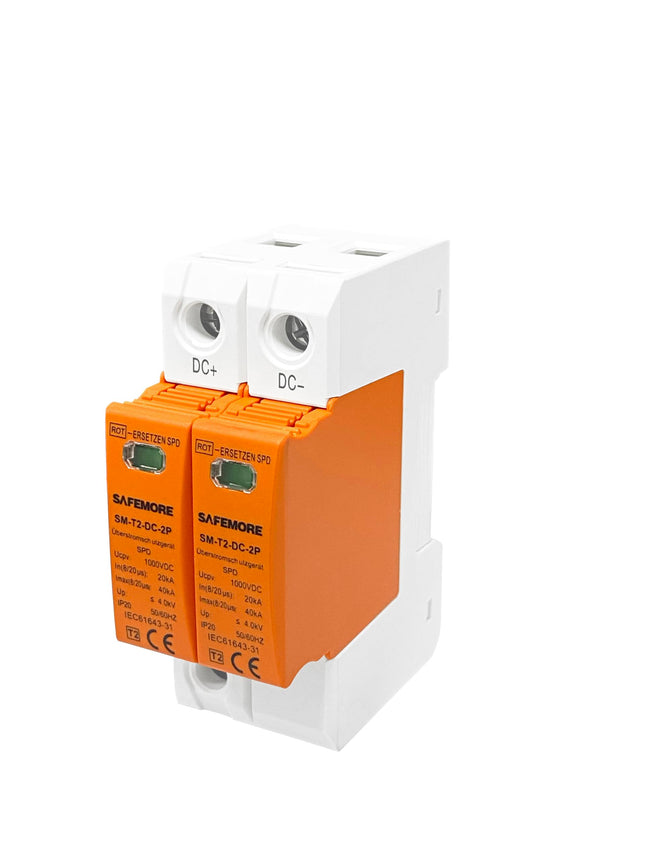 Surge protection device for PV, SAFEMORE DC Surge Protector SPD T2 Type 2(C) 2P Current Arrester Lightning Protection Device 1000VDC 20KA, 35mm DIN Rail Mounting - White/Orange