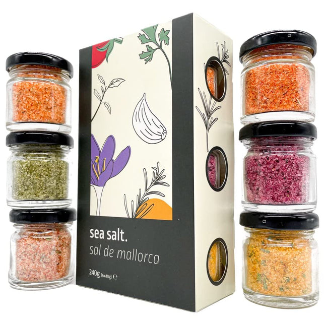 FOODOKO FINEST - Gurmee soola- ja vürtsikomplekt, maitseainesoola näidiskomplektis, meresoolakomplekt Hispaaniast (6 x 40 g) purkide kinkekomplektis