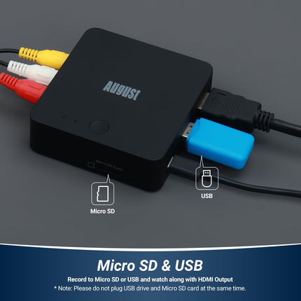 Videoheli haaraja ilma arvuti Plug&amp;Play-ta - August VGB400 - VHS Hi8 kassettkaamerate digitaliseerimise muundur, RCA-kaabliga videomuundur - väljund HDMI kaudu, salvestamine Micro SD/USB-le, max 64 GB