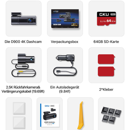 GKU 4K+2.5K autokaamera esi- ja tagaosas 5GHz WiFi-ga, autokaamera 64G SD-kaardiga, STARVIS öönägemisfunktsioon, 1.5" IPS-ekraan, GPS-autokaamera, 24H parkimise jälgimine, 360° pööratav. Max. 512GB