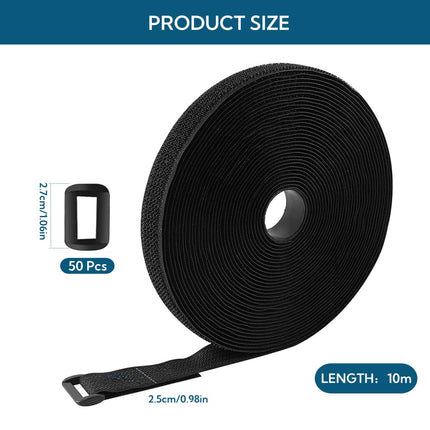 Hook and Loop Cable Ties, Reusable, Cuttable, 10 m, Adjustable Fastening Cable Ties, Hook and Loop Securing Strap for Cable Management, Cable Organizer, 2.5 cm Wide