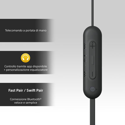 Sony WI-C100 juhtmevabad kõrvaklapid (kuni 25 tundi aku tööiga, optimeeritud häälassistentidele, integreeritud mikrofon telefonikõnede jaoks, Bluetooth), mustad, väikesed