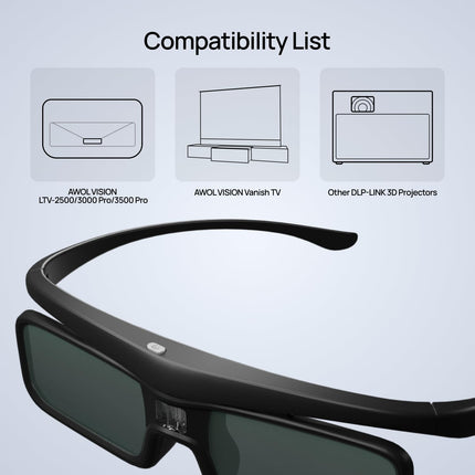AWOL VISION DLP Link 3D-prillid, laetavad aktiivkatikuga prillid, ühilduvad AWOL VISION LTV-2500, LTV-3500, Vanish TV ja teiste DLP-Link 3D-projektoritega (2 tk komplektis)