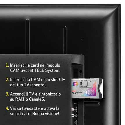 TELE Systemi Tivùsat 4K Ultra HD sertifitseeritud kaamera kanalite vaatamiseks kõrglahutusega ja 4K resolutsiooniga. Televiisori ja dekoodri pesaga kaamera, aktiivne kiipkaart kaasas. Serie A koos DAZN-iga tivùsatil.
