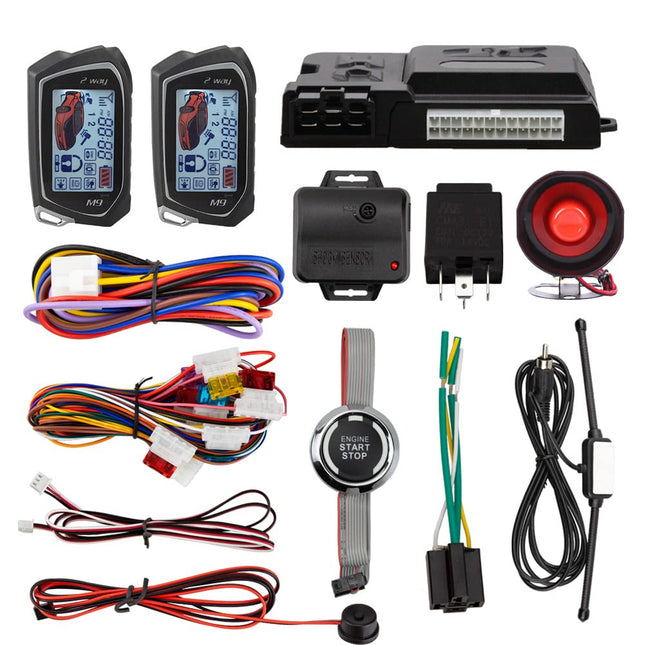 EASYGUARD EC207-M9-SR kahesuunaline autoalarmi turvakomplekt LCD-ekraaniga, käivitusnupuga, kaugjuhtimispuldiga, mootori käivitamisega, sireeniga, DC12 V