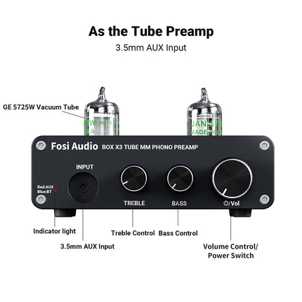Fosi Audio Box X3 5725W lamp-fono-eelvõimendi, plaadimängija eelvõimendi MM-fonograafile, Bluetooth 5.0 mini-stereo-Hi-Fi eelvõimendi koduseks helisüsteemiks