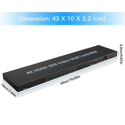 Videoseina kontroller 4x4 4K videoseina kontroller 24 liitmisrežiimiga RS232, 180° pööramine, heli ekstraktor HD multimeediumiliides videoliitija toetab 1 sisendit ja 16 väljundit