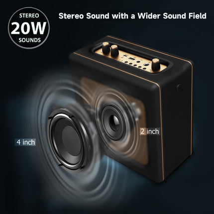 Retro Portable Boombox Bluetooth Speaker in Leather Look with Battery, 20W Compact Karaoke System with USB, Aux-IN, 6.5MM Microphone Jack, Type-C Charging