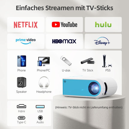 Nasini miniprojektor, 1080P toega kaasaskantav filmiprojektor, kodukino ja õues kasutamiseks, ühildub iOS-i ja Androidi telefoni, tahvelarvuti, sülearvuti, teleripulgaga, C-tüüpi, USB ja HDMI, projektori Bluetoothiga