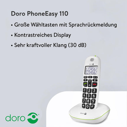 Doro PhoneEasy 110 DECT juhtmeta telefon (suur font ja numbrid, optiline kõnesignaal) valge 5952