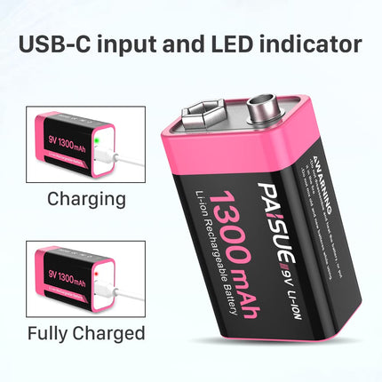 9V Rechargeable Batteries, 1300mAh Long-Lasting Rechargeable Lithium Batteries with USB-C Fast Charging 9V Block Battery for Remote Control, Smoke Detector, Multimeter, Microphone (2 Pack)