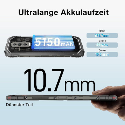 DOOGEE Blade 10 Ultra välistingimustes kasutatav mobiiltelefon ilma lepinguta Android 14, 20GB+256GB/2TB TF õues kasutatav nutitelefon, 6.56 tolli HD+ ehitusplatsi telefon 10.7mm üliõhuke, 50MP+8MP, 5150mAh, IP68 veekindel/NFC/Face ID/GPS