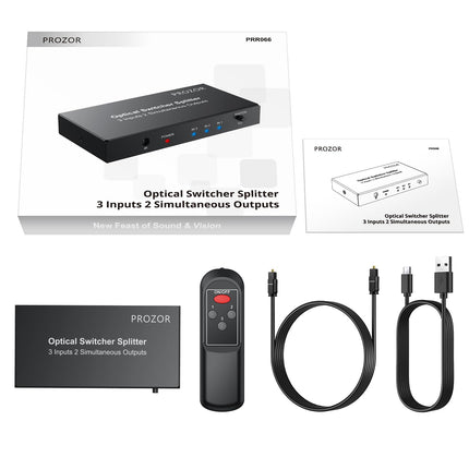PROZOR digitaalne optiline audio lüliti jaotur, optiline lüliti jaotur, 3 sisendit, 2 väljundit, 1 m fiiberoptilise kaabliga, kaugjuhtimispult LPCM 2.0/DTS/Dolby-AC3