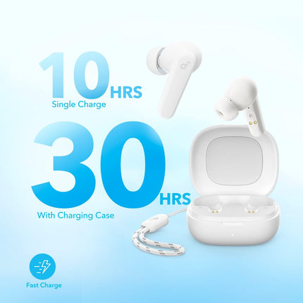 Soundcore by Anker P20i juhtmevabad Bluetooth-kõrvaklapid, 10 mm draiverid, Bluetooth 5.3, kohandatav ekvalaiser, 30-tunnine mänguaeg, IPX5 veekindlus, 2 tehisintellektiga mikrofoni, eraldi kasutatavad (valged)