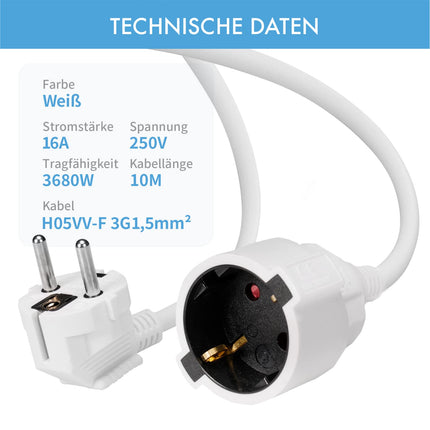 RealMade pikenduskaabel, 3680W pikendusjuhe lapsekaitsega pistikuga, 16A/250V, valge