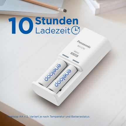 eneloop kompaktne laadija 1-2 AA/AAA NI-MH akule, 10 tundi laadimisaega, 9 ohutusfunktsiooni, sh 2 eneloop AA akut (2000 mAh)