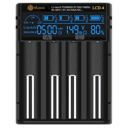 WISSBLUE LCD-4 18650 battery charger 2A Fast Power Battery Charger, LCD Display with Power Bank Function for 3.7V 14500 16340 18650 20700 21700 26650 1.2V AAAA AA A