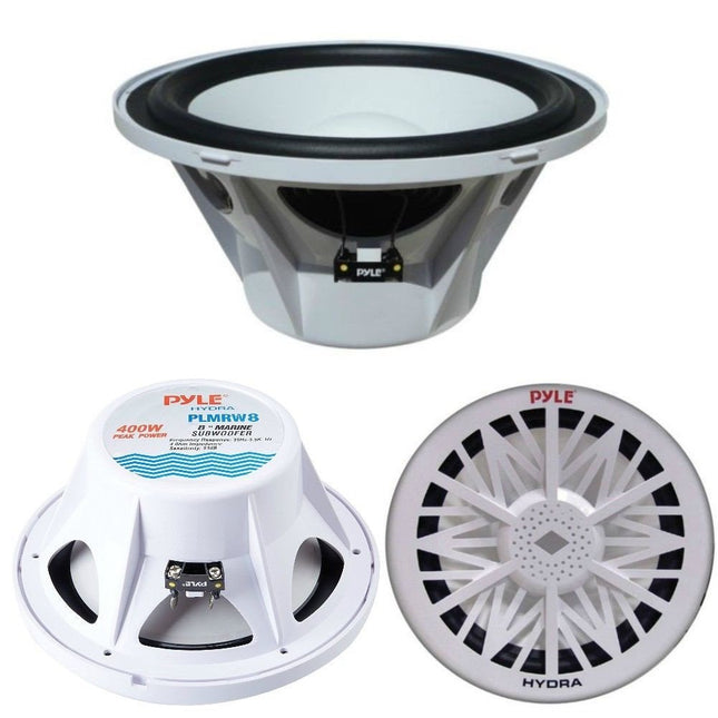 Pyle PLMRW8 Sea subwoofer, veekindel, 8" (20,00 cm), 200 mm, valge. Sobib paatidesse, basseini või muudesse kohtadesse. Avatav ühe mähisega, 4 oomi takistus, 200 vatti, RMS, max 400 vatti.