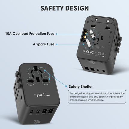 EPICKA ülemaailmne reisiadapter, GaN universaalne reisipistik 70W PD kiirlaadija, reisiadapter 3 USB-C, 2 USB-A, rahvusvahelise pistikupesaga adapteriga Saksamaale, USA-le, Suurbritanniale, Jaapanile ja Taile TA-105 Pro