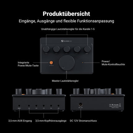 Fosi Audio PH05 kõrvaklapivõimendi jaotur 5-kanaliga, mini HiFi kõrvaklapivõimendi muusikastuudio mikseri jaoks, heli jagamiseks, taskuhäälingu monitoriks, 16-300 oomi kõrge takistusega IEM, 12 V toiteallikas