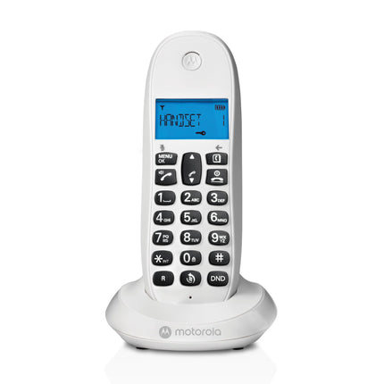 Motorola C1001CBW+ – digitaalne DECT juhtmeta telefon – kõnede blokeerimisrežiim, helistaja ID, valjuhääldi, 50 numbrit mahutav telefoniraamat, taustvalgustusega ekraan – valge