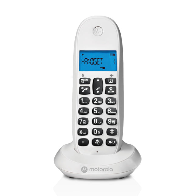 Motorola C1001CBW+ – digitaalne DECT juhtmeta telefon – kõnede blokeerimisrežiim, helistaja ID, valjuhääldi, 50 numbrit mahutav telefoniraamat, taustvalgustusega ekraan – valge