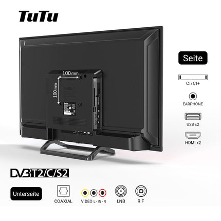 TuTu TUB32HN1NC televiisor 32-tolline (80 cm) LED HD-Ready kolmekordne tuuner (DVB-T/T2-CS/S2) HDMI USB meediapleier CI/CI+ hotellirežiim keskjalg