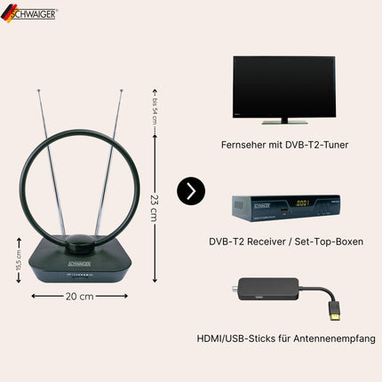 SCHWAIGER DVBT2 antenn, TV siseantenn võimendiga, 36dB siseantenn, aktiivse vastuvõtuga TV DVB-T DVB-T2 DAB+ teleskoopantenn, LTE blokeeriv filter, 1,5 m ühenduskaabel, HDTV HD digitaalne