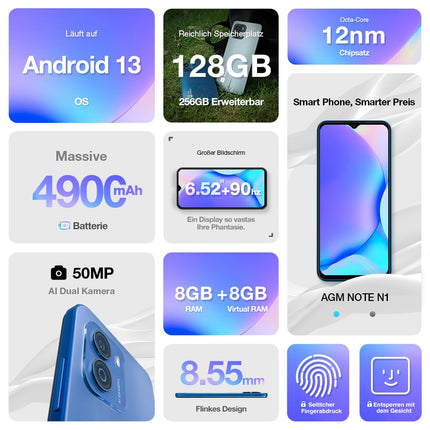 AGM Note N1 nutitelefon ilma lepinguta (2023), Android 13 mobiiltelefon, 8 GB + 128 GB, kahekordne 50 MP kaamera + 2 MP mikrokaamera, 6,52" HD+, 4900 mAh aku, 4G kahe SIM-kaardiga mobiiltelefon, näotuvastus/sõrmejäljelugeja/OTG/GPS, sinine