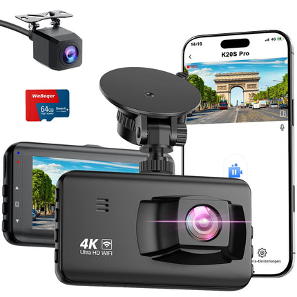 Auto videoregistraator ees/taga 4K, WiFi-ga videoregistraator 64 GB SD-kaardiga, tagurdamisassistendiga auto videoregistraator, öönägemine, 170°+140° lainurk, 3" IPS, parkimise jälgimine, G-andur, tsükkelsalvestus, jagatud laadimiskaabel, MAX 256G
