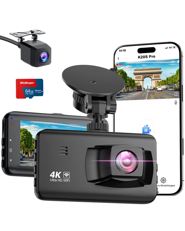 Auto videoregistraator ees/taga 4K, WiFi-ga videoregistraator 64 GB SD-kaardiga, tagurdamisassistendiga auto videoregistraator, öönägemine, 170°+140° lainurk, 3" IPS, parkimise jälgimine, G-andur, tsükkelsalvestus, jagatud laadimiskaabel, MAX 256G
