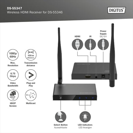 DIGITUS juhtmevaba HDMI-vastuvõtja DS-55346 Full HD digitaalse/ekraani/video jaoks