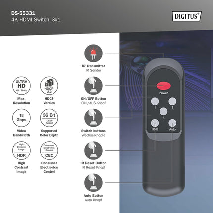 DIGITUS DS-55331 HDMI-lüliti 3x1 – 3 sisendit, 1 väljund – UHD 4K/60 Hz HDTV: 3840 x 2160p – HDCP 2.2 ja HDMI 2.0 – HDR, CEC, Deep Color, DTS, Dolby Digital, LPCM – teleri, monitori, PS5, PS4, Xboxi jaoks
