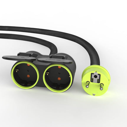 MutecPower 10m pikenduskaabel 2 Schuko pistikupesaga välistingimustes kasutamiseks IP44 H05RR-F3G 1,5mm² topeltpikenduskaabel 2 maandatud pistikupesaga 2-suunaline välistingimustes kasutatav jaotuskaabel 10 meetrit must/roheline