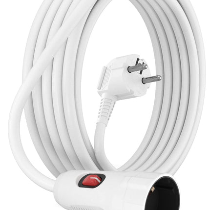 MutecPower 5-meetrine pikenduskaabel lülitiga pistikul, Schuko pikenduskaabel lülitiga, 90° nurgaga pistik, IP20 kaitsekontakt ja kaitsekontaktiga ühendus kuni 250V 16A - 5m valge