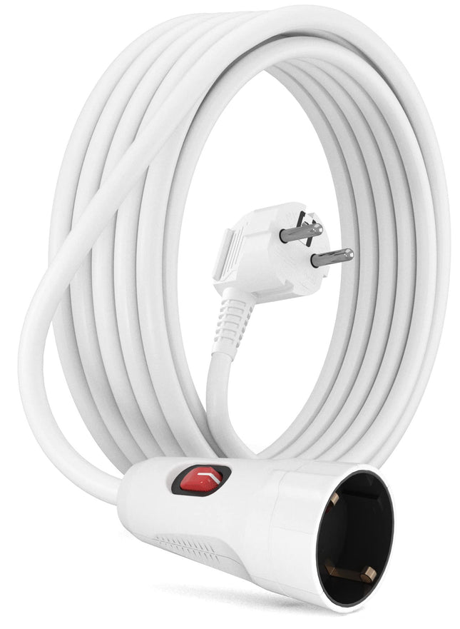 MutecPower 5 meter extension cable with switch on the plug Schuko extension with switch 90° angle plug IP20 protective contact &amp; protective contact coupling up to 250V 16A - 5m white