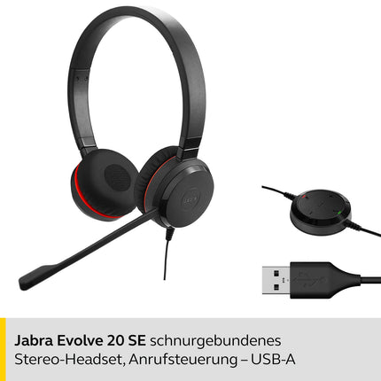 Jabra Evolve 20 SE UC stereopeakomplekt – VoIP-telefonide ühendatud kommunikatsioonikõrvaklapid passiivse mürasummutusega – USB-A-kaabel kõnede juhtimisega – must