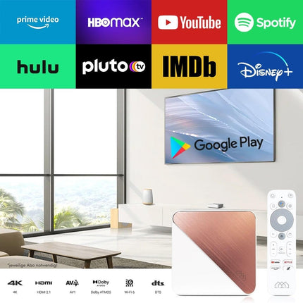 Homatics Box R 4K Plus Android 11 teleri meediapleier (32 GB välkmälu, Google, Netflix 4K Dolby Vision ja Atmos, Disney+, Prime Video, 4K UHD, AV1, 1 Gbit, DTS, HDR10+, WiFi 6, Bluetooth 5.0, valge)